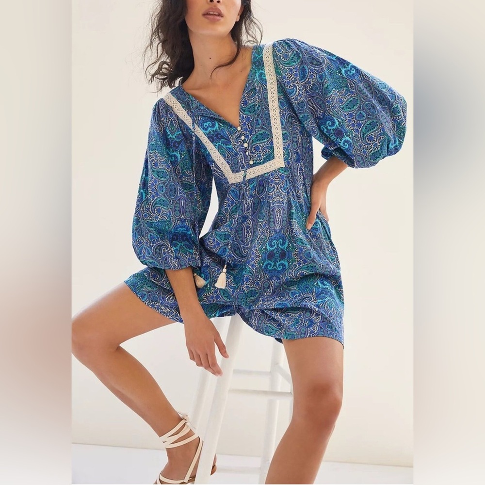 Anthropologie Blue Paisley Romper with Lace Trim
